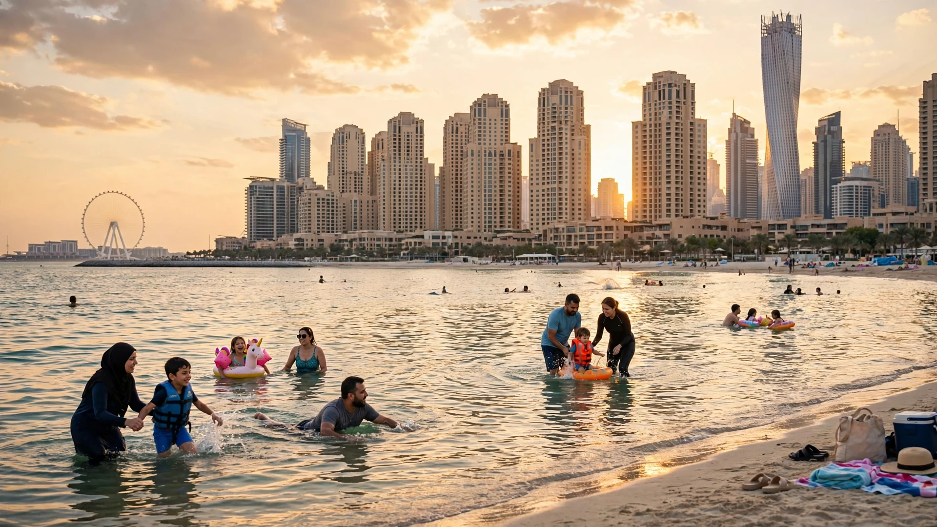 Families enjoying a free beach Dubai visitors love - JBR Beach at sunset with the city skyline behind