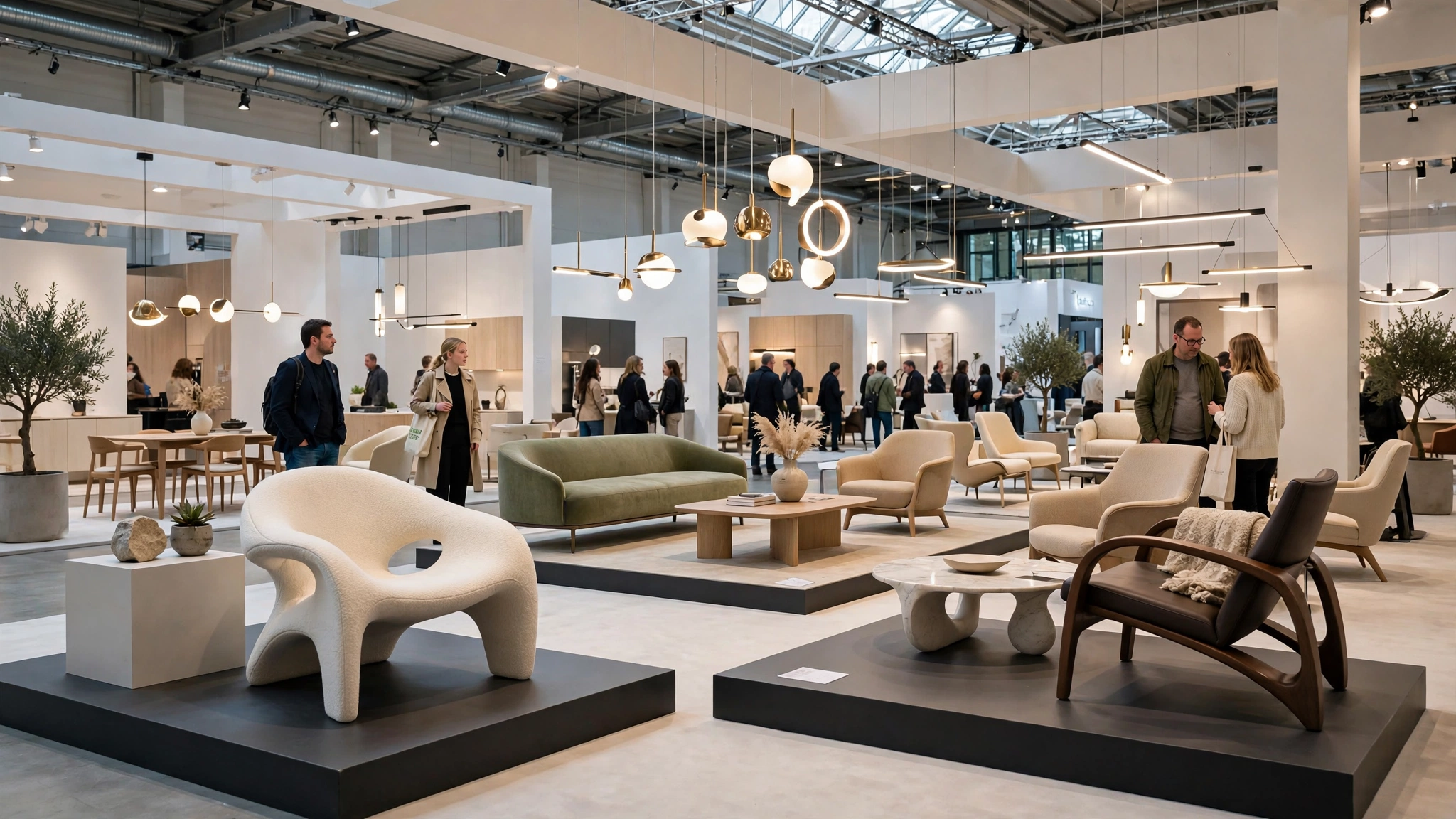 Designer furniture and lighting displays inside the Downtown Design fair hall at Dubai Design Week
