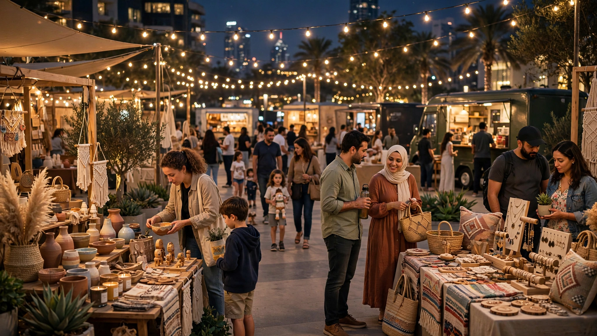 Evening design marketplace with craft stalls and string lights at Dubai Design Week