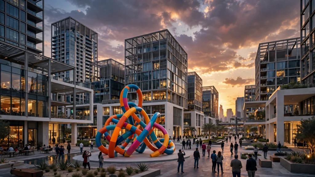 Dubai Design District d3 at dusk with outdoor design installations during Dubai Design Week