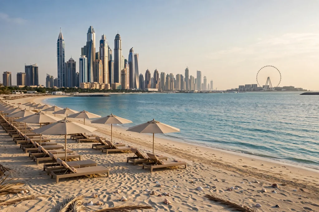 Marina Beach Dubai with the Dubai Marina skyline towers and Ain Dubai on the horizon