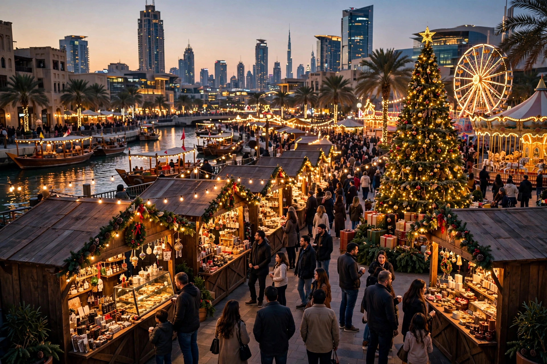 Festive stalls and funfair rides along the waterfront at the new DXB Winter Festival in Dubai
