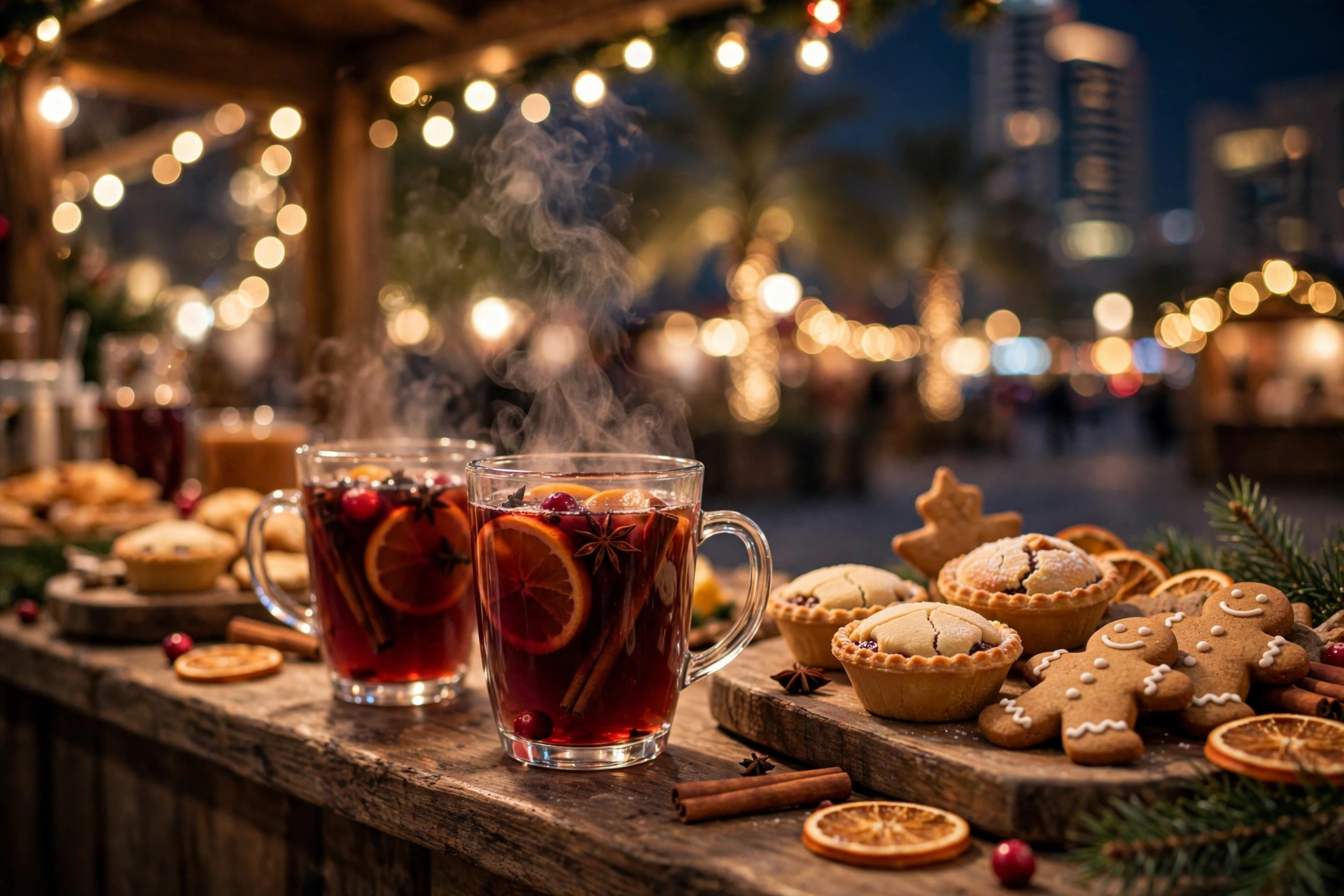 Mulled grape drinks and mince pies at a Christmas market stall in Dubai