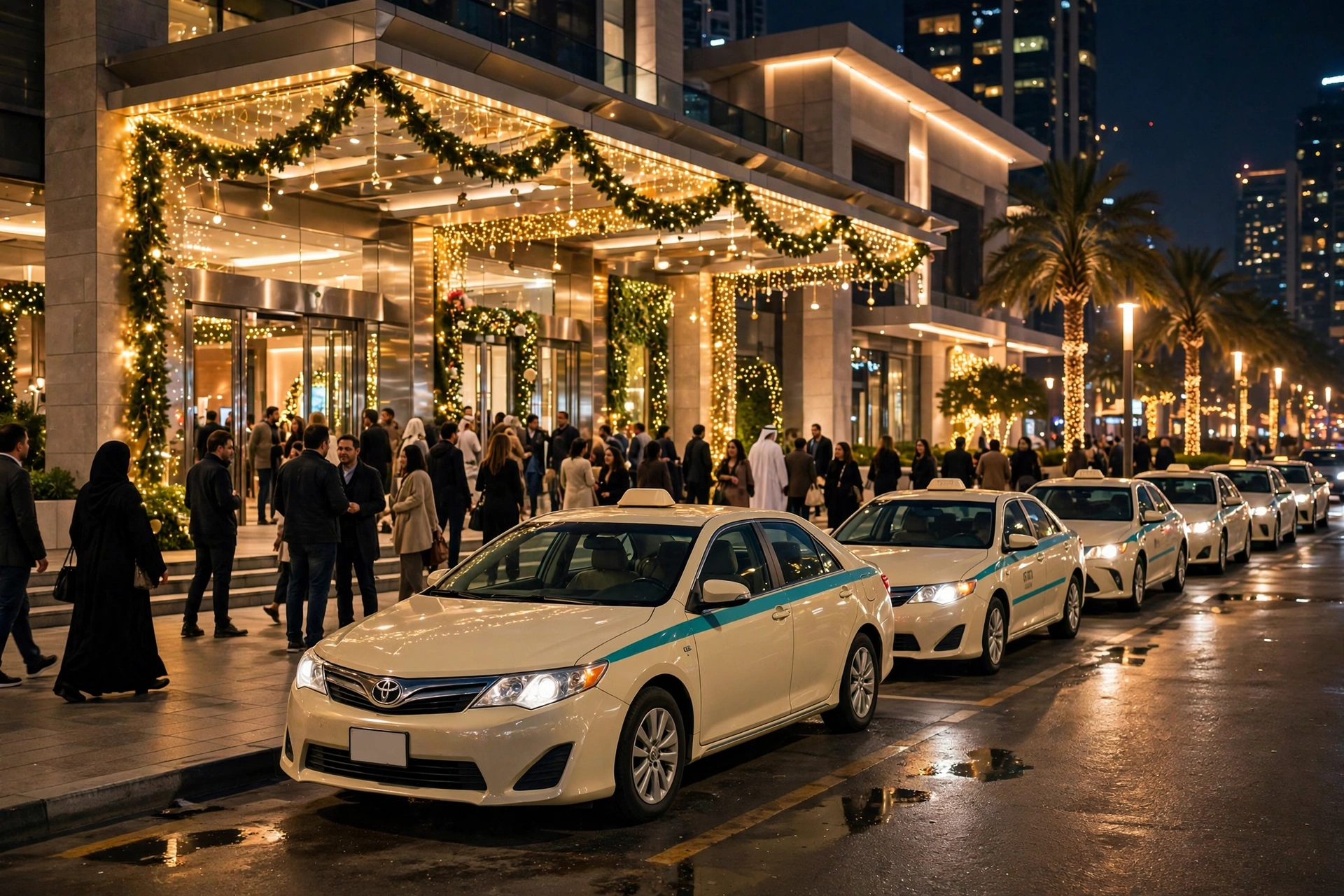 Taxis queueing outside a festively lit mall entrance in Dubai at night
