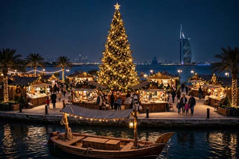Dubai Christmas market at Madinat Jumeirah: the 36-foot tree lit up at night with an abra boat on the waterway