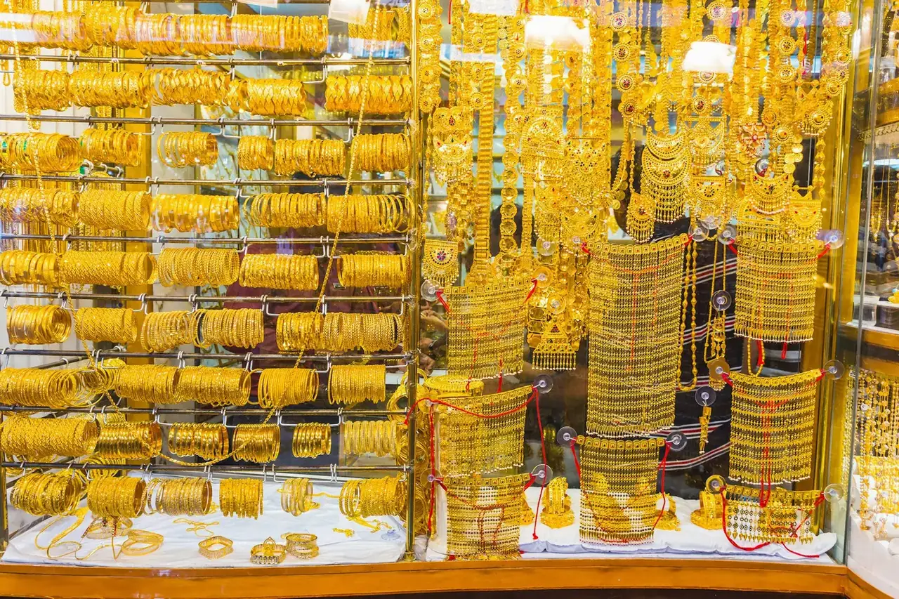 Gold bangles and necklaces on display at the Gold Souk in Deira