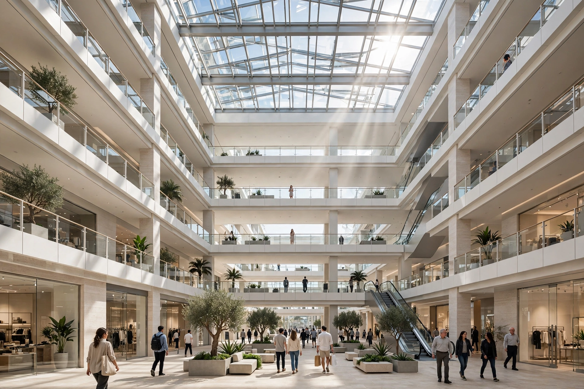 Interior atrium of a new Dubai mall with a skylight roof and shoppers