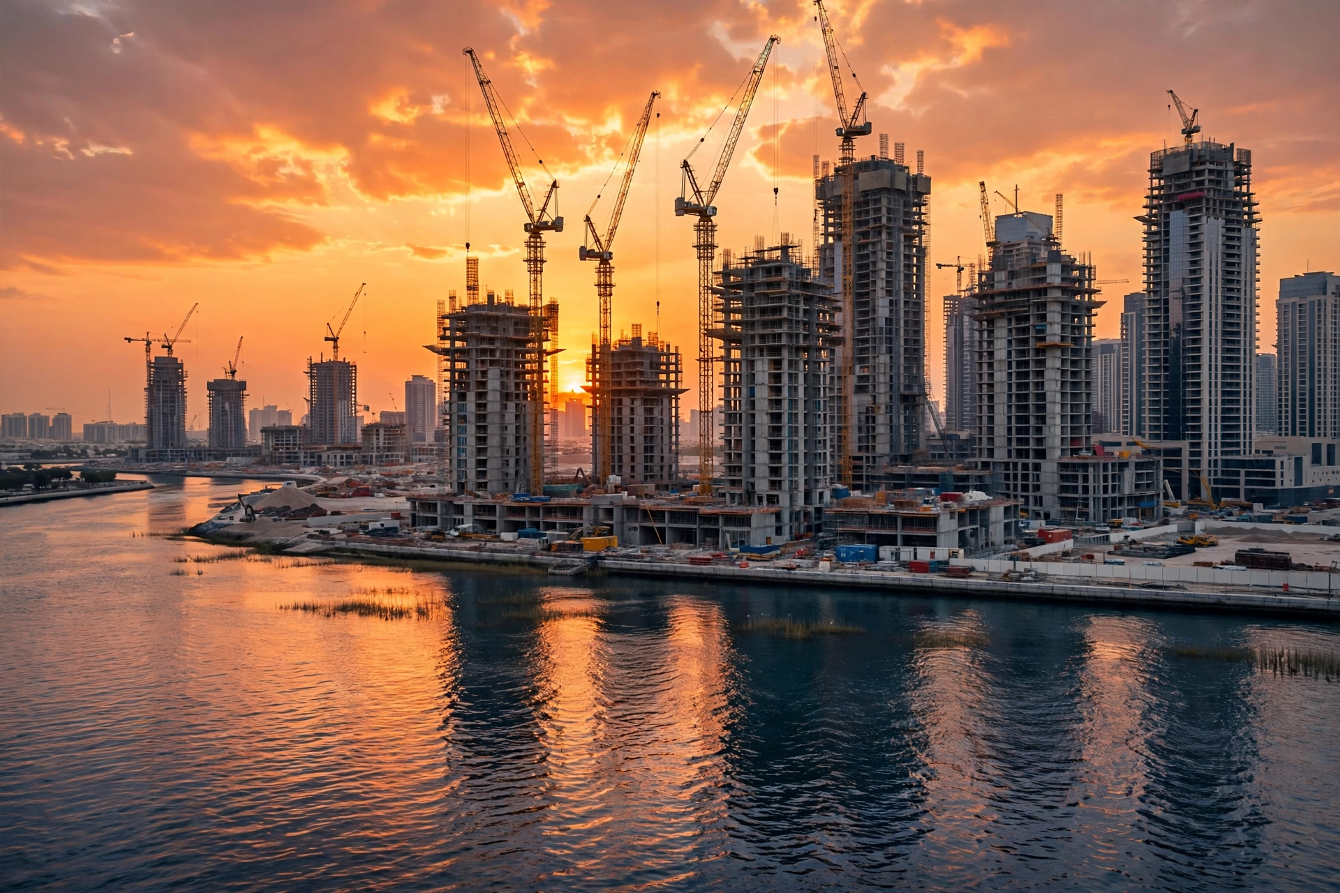 Construction cranes at the Dubai Creek Harbour site in Dubai at sunset, with the city skyline behind