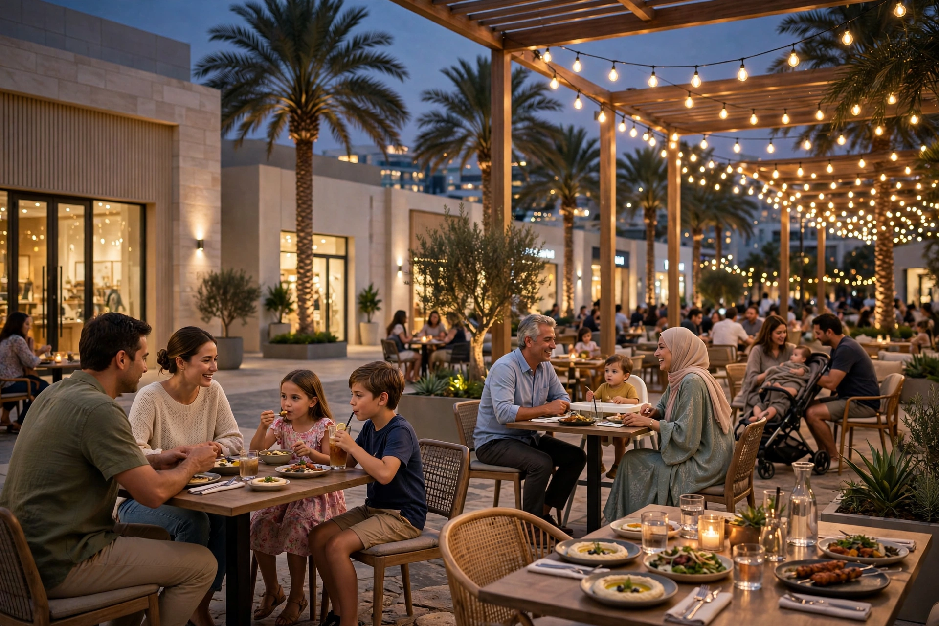 Families dining outdoors at a new community mall in Dubai in the evening, with warm lighting