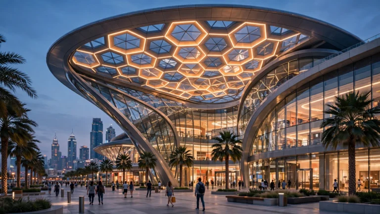 New malls in Dubai: a futuristic glass shopping mall exterior in Dubai at dusk, with shoppers on the plaza