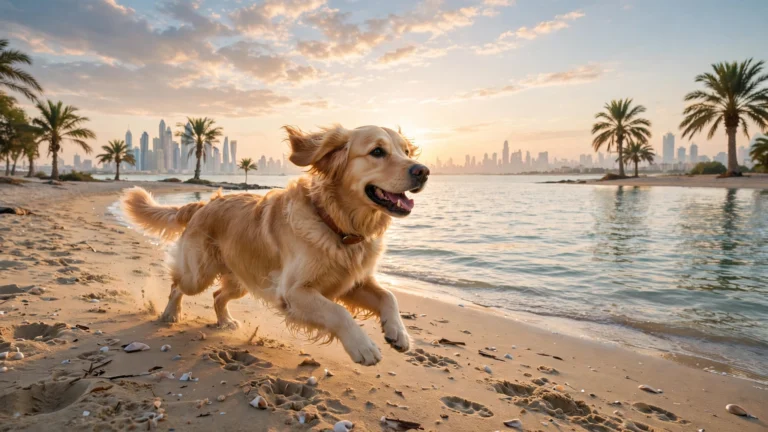 Dog friendly beach Dubai: a golden retriever running off-leash on Dubai Islands Beach at sunrise