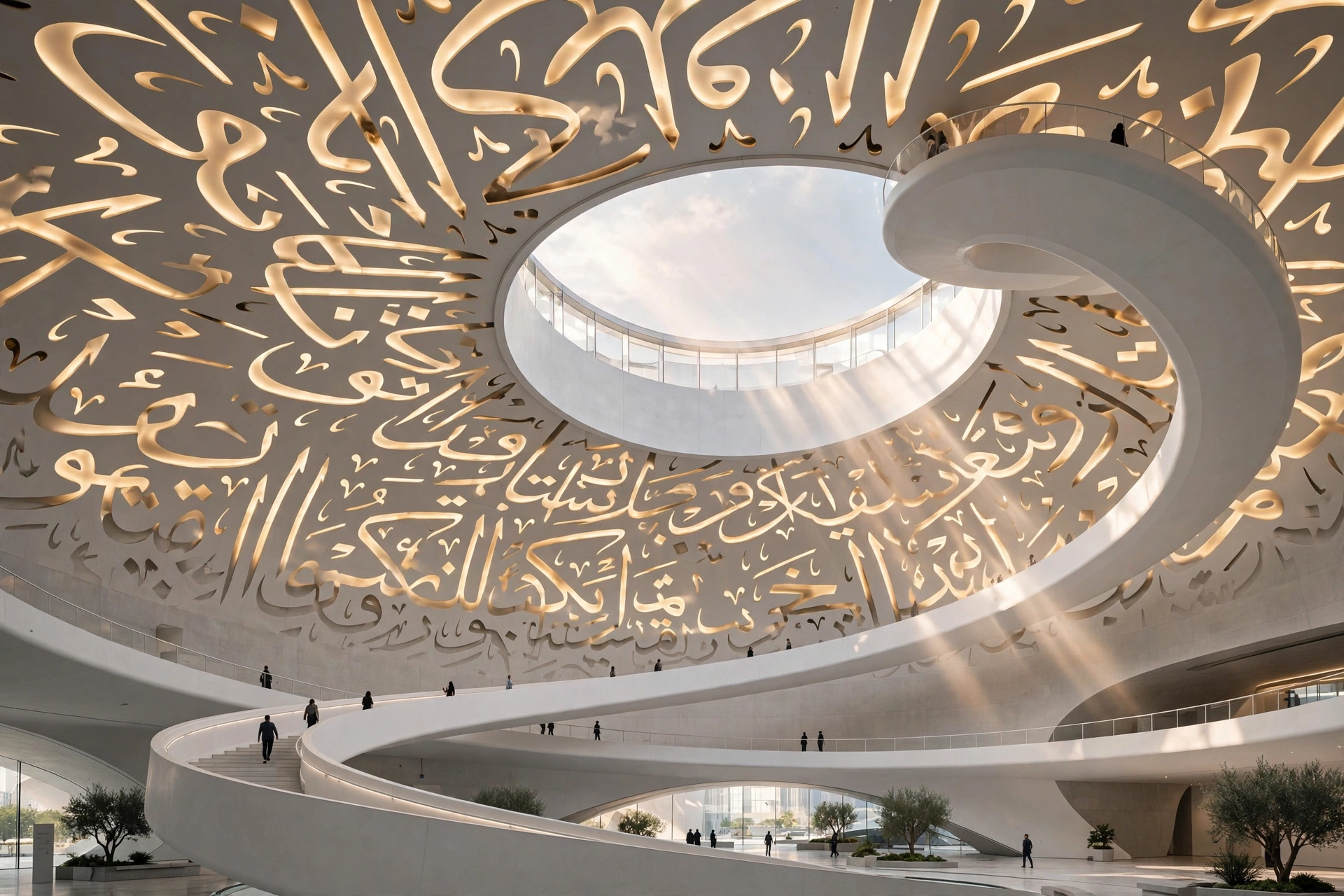 Inside the Museum of the Future: the light-filled atrium under the Arabic calligraphy ceiling.