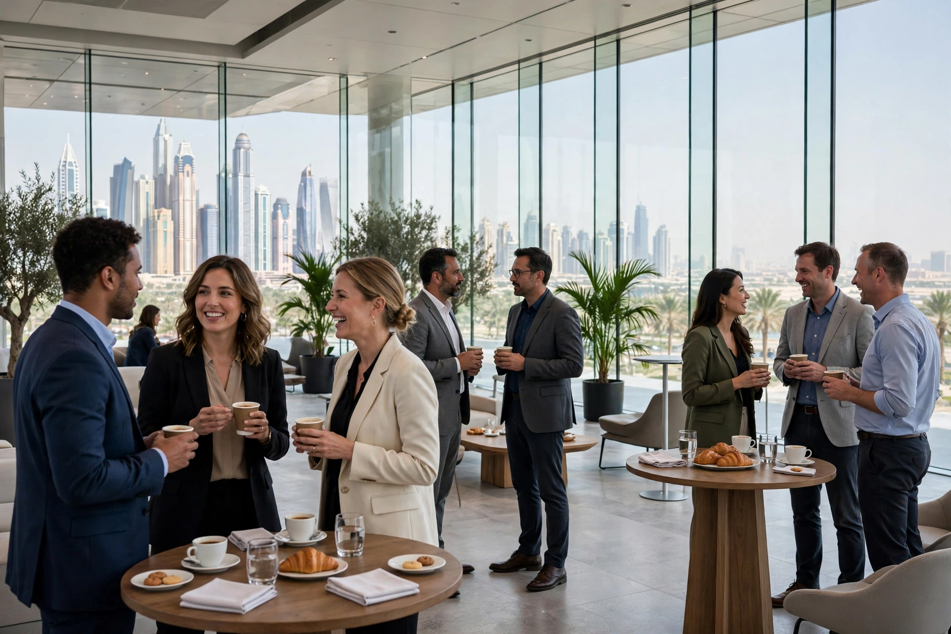 Business people talking over coffee during a conference networking break in Dubai
