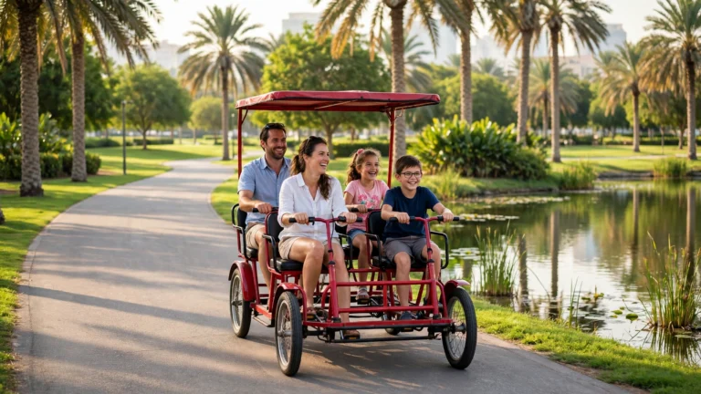 Family riding a pedal cart along a palm-lined path at Al Barsha Pond Park