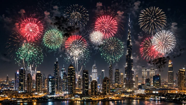 UAE National Day fireworks: UAE flag fireworks over the Dubai skyline at night