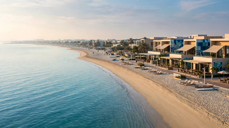 La Mer beach Dubai shoreline in Jumeirah with the coastline stretching north under morning light.