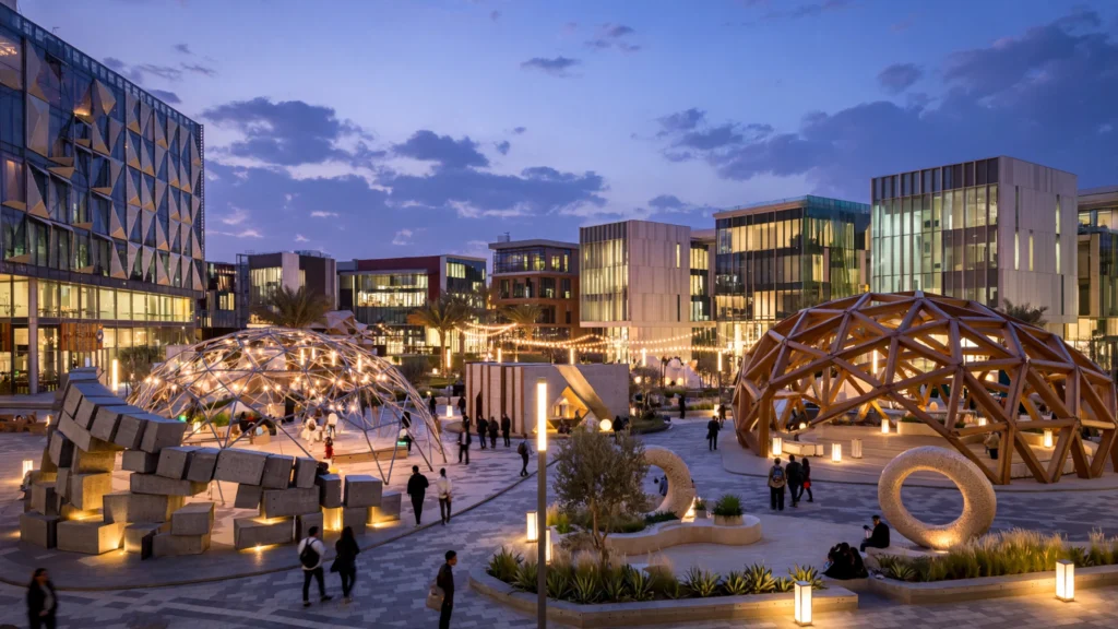 Dubai Design District (d3) at dusk with design installations set up for Dubai Design Week