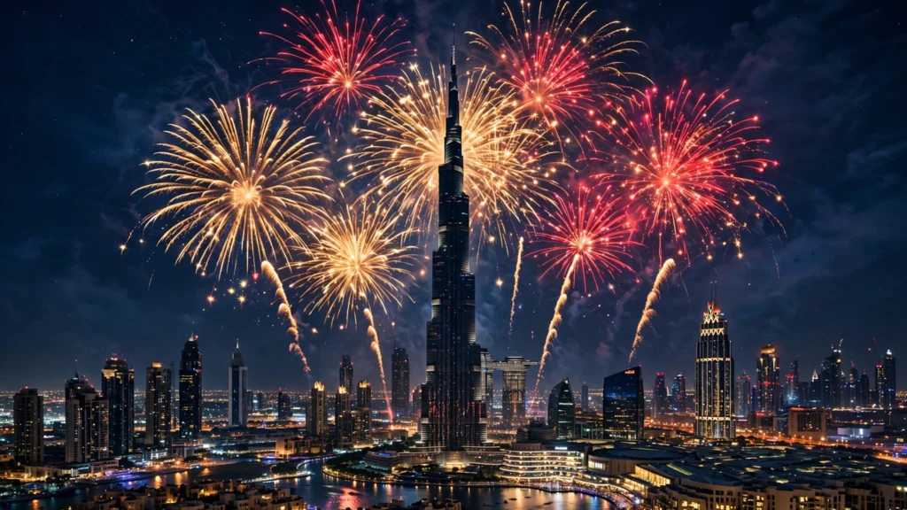 Diwali fireworks over the Dubai skyline with the Burj Khalifa for Diwali in Dubai