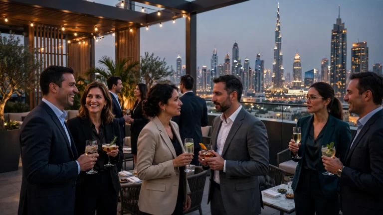 Networking events Dubai: professionals mingling at a rooftop networking event with the Dubai skyline at dusk