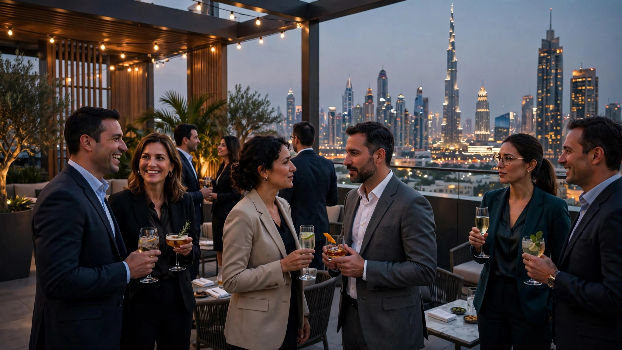 Networking events Dubai: professionals mingling at a rooftop networking event with the Dubai skyline at dusk