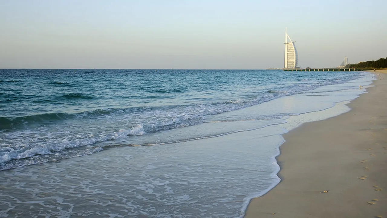 Unmarked sandy entrance path to Secret Beach Dubai between palm trees