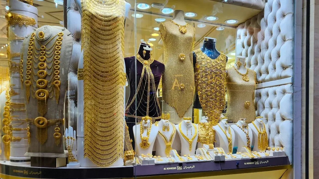 Gold jewellery on display inside a shop at Dubai Gold Souk in Deira