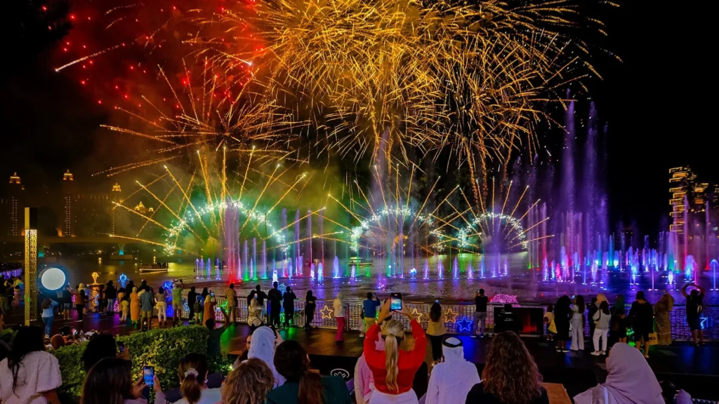 Fireworks over the Dubai waterfront during the Dubai Shopping Festival