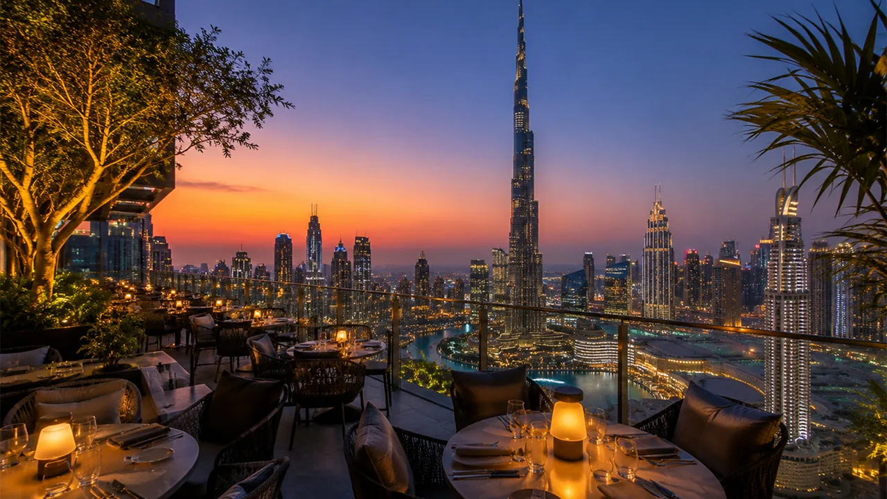 Candlelit rooftop restaurant tables with the Burj Khalifa skyline at dusk