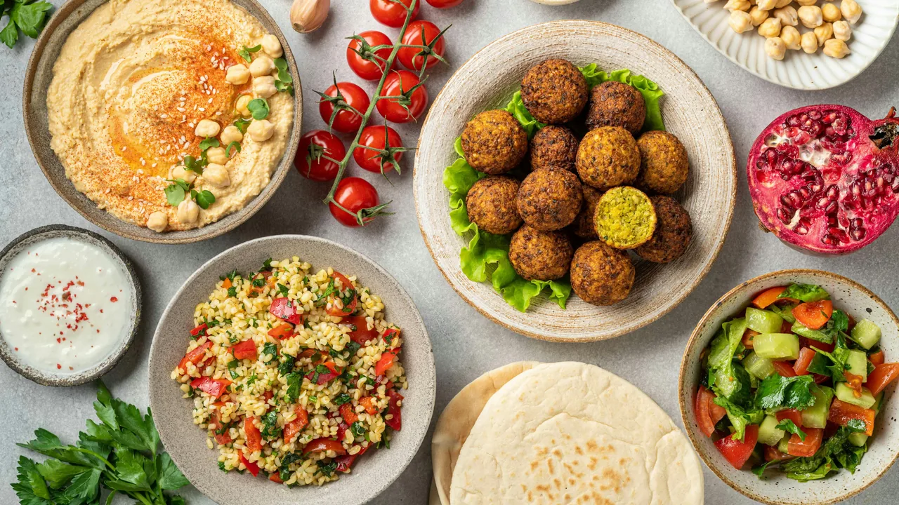Middle Eastern mezze spread of hummus, falafel and salads at a Dubai restaurant